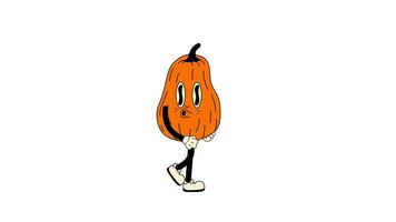 A funky retro-style cartoon pumpkin strutting in a smooth loop animation with a transparent background video