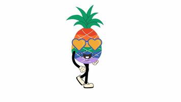Groovy retro cartoon rainbow pineapple walking in a seamless loop animation with transparent background. video