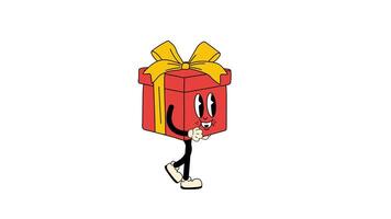 A funky vintage-style cartoon gift box walking in a smooth, seamless loop with a transparent background video