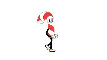 Groovy retro cartoon candy cane walking in a seamless loop animation with transparent background. video