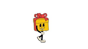 Looping animation of a retro cartoon present strolling with groovy flair on a clear background video