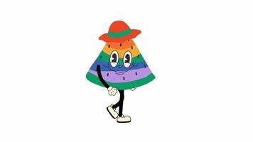 Groovy retro cartoon cute rainbow watermelon walking in a seamless loop animation with transparent background. video