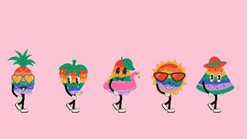 Groovy retro cartoon rainbow fruits walking in seamless loop animation, funny and colorful with transparent background video