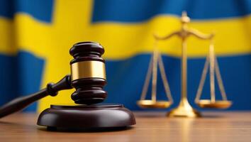 Swedish Justice Gavel and Scales of Justice before the Swedish Flag photo