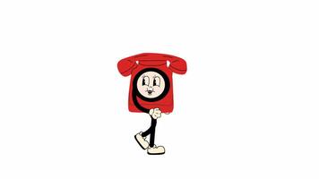 Groovy retro cartoon old desk phone walking in a seamless loop animation with transparent background. video