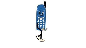 Groovy retro cartoon old style mobile phone walking in a seamless loop animation with transparent background. video