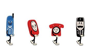 Groovy retro cartoon set of old phones walking in seamless loop animation, 70s-inspired with transparent background video