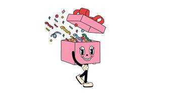 Groovy retro cartoon box gift walking in a seamless loop animation with transparent background. video