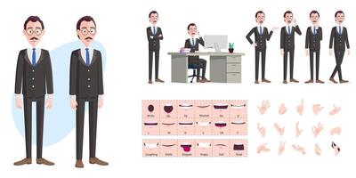Cartoon Businessman Character Creation Set, Cartoon Man wearing Business Suit with Movable Joints, Animation, Lip-sync, Hand Gestures, Emotions and Poses, Premium vector