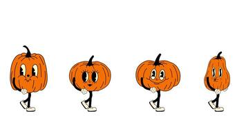 Groovy retro cartoon set of pumpkins walking in seamless loop animation, 70s-inspired style with transparent background video