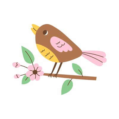 Cute Bird sitting on tree Branch with blooming Flower