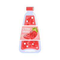 illustration showcases a bottle of strawberry soda, featuring a vibrant red color that highlights the sweetness of strawberries. The playful bubbles rise inside the bottle, evoking a refreshing vector