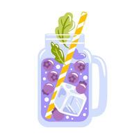 Refreshing blueberry lemonade in a clear glass mug, garnished with berries and mint leaves, topped with ice cubes, served with a colorful straw. Perfect for a hot summer day. vector