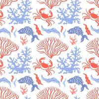 A seamless pattern featuring colorful corals, vibrant fish, and playful crabs, creating an underwater scene. vector
