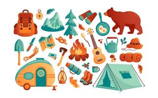 A illustration featuring an array of camping adventure icons, showcasing essential nature elements and outdoor gear. Perfect for nature lovers, it evokes a sense of exploration and adventure. vector