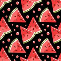 seamless pattern features bright watermelon slices set against a dark background. The striking contrast enhances the vibrant colors, making it ideal for summer themed projects vector