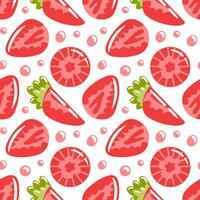 seamless pattern captures the essence of freshly cut strawberries by showcasing their vibrant red color. Shimmering drops of juice highlight the ripe fruits appeal, evoking a sense of freshness. vector