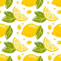 A seamless pattern featuring vibrant lemons and leaves. The playful design features whole lemons and slices, making it ideal for packaging, textiles, and summer-themed projects. vector