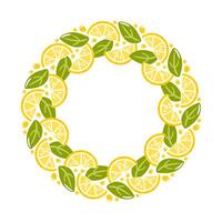 This illustration showcases a round wreath composed of lemon slices and lush green leaves. The vibrant design captures the essence of freshness and citrus charm, perfect for summer-themed vector