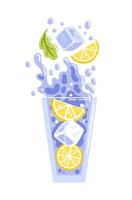 illustration of a refreshing drink in a clear glass, juicy lemon slices and ice cubes. Lively splashes and bubbles add a sense of movement, capturing the essence of summer. vector