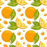 seamless pattern features vibrant oranges, bright background. The playful design showcases whole oranges and slices, making it perfect for packaging, textiles, and summer-themed projects. vector