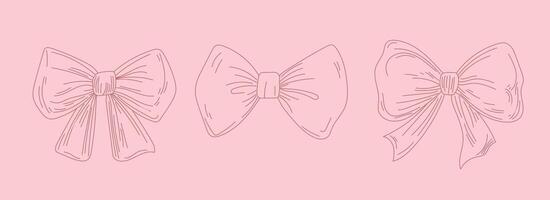Elegant bow outlines in soft pink tones with minimal sketch style, ideal for blush-themed graphic design, tags, pattern elements, and trim decor vector