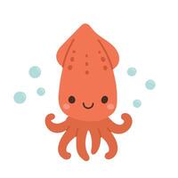 Smiling red squid with waving tentacles and bubbles, a fun cartoon sea creature for marine graphics, underwater scenes, and playful animal designs vector