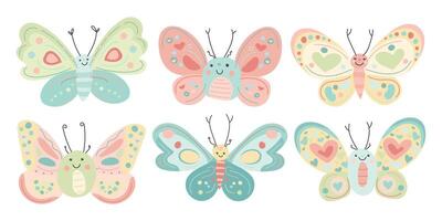 Whimsical cartoon butterflies with colorful patterns and smiling faces, perfect for kids designs, spring decor, fantasy themes, and cheerful prints vector