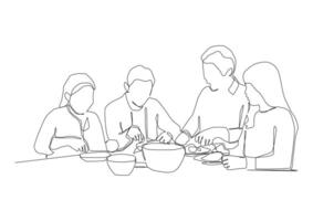 Continuous line art of men and woman are eating food at the table, Can be used for animation. vector