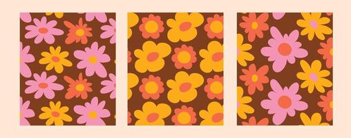 A set of three retro floral patterns in brown, pink and yellow tones. Perfect for nostalgic prints, textiles or packaging, you can change the background under the flowers. vector