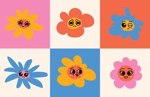 A collection of hand drawn retro style flowers in a bold color palette. Perfect for use in design projects, prints, packaging, and digital art. vector