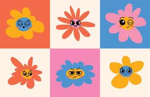 Whimsical hand-drawn retro flowers with expressive cartoon-style faces. Great for stickers, prints, apparel, and playful design projects. vector