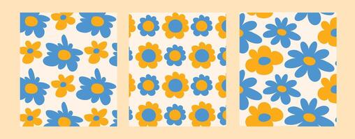Retro Floral Pattern Pack Blue and Yellow. A set of three retro floral patterns in cheerful blue and yellow tones. Ideal for textiles, packaging, wrapping paper, and digital use. vector