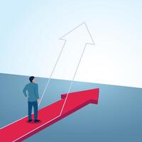 A man looks at an arrow that changes direction upwards. A metaphorical illustration for better changes, changing business opportunities and strategies. vector