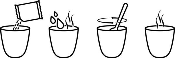 Step by step instructions for making a hot drink in a cup in black and white icons vector