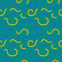 Trendy fun seamless pattern hand drawn in children's doodle style in stylish color, squiggles blue and yellow with grain texture on green background vector