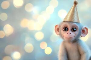 cartoon style cheerful monkey on blurred bokeh background cute birthday celebration card with copy space photo
