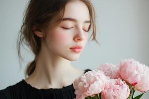 portrait of a beautiful young gentle woman with a bouquet of beautiful pink peonies flowers on a light background photo