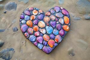 top view colorful mother-of-pearl shells arranged in a heart shape lie on the beach sand photo