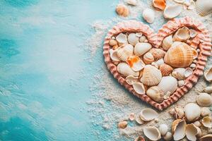 top view summer design of sea shells arranged in heart shape on blue concrete background with copy space, holiday resort postcard design with text space on left photo