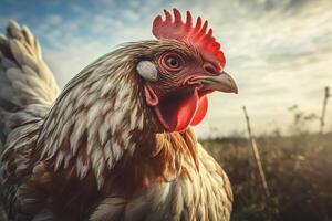 close-up of a chicken looking at the camera in a free-ranging field photo