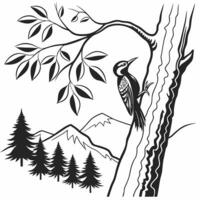 woodpecker on tree branch with mountains and trees vector