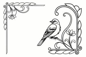 Bird on a branch with flowers and leaves coloring page design. vector