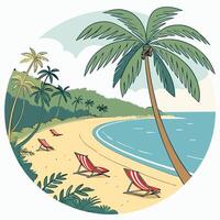 tropical beach with palm trees and chairs vector