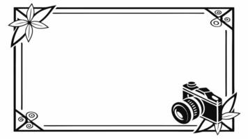a black and white photo frame with a camera and flowers vector