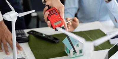 Tools for Sustainable Building Assessment. A professional demonstrating a measurement device for eco-friendly construction. photo