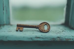 Old rusty key resting on a weathered wooden surface with blurred background photo