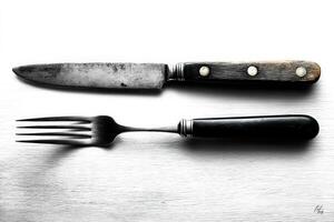 Rustic kitchen utensils with a wooden handle on a light surface photographed from above photo