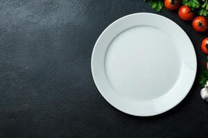 Fresh ingredients arranged around an empty white plate on a dark textured surface photo