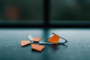 Shattered glass fragments scattered on a dark surface near a window on a cloudy day photo